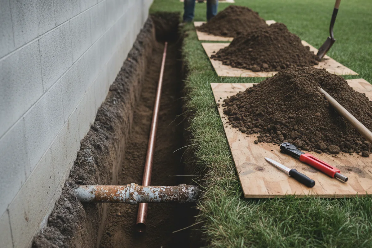 Excavated water line trench during Sewer Line Repair in Vineland